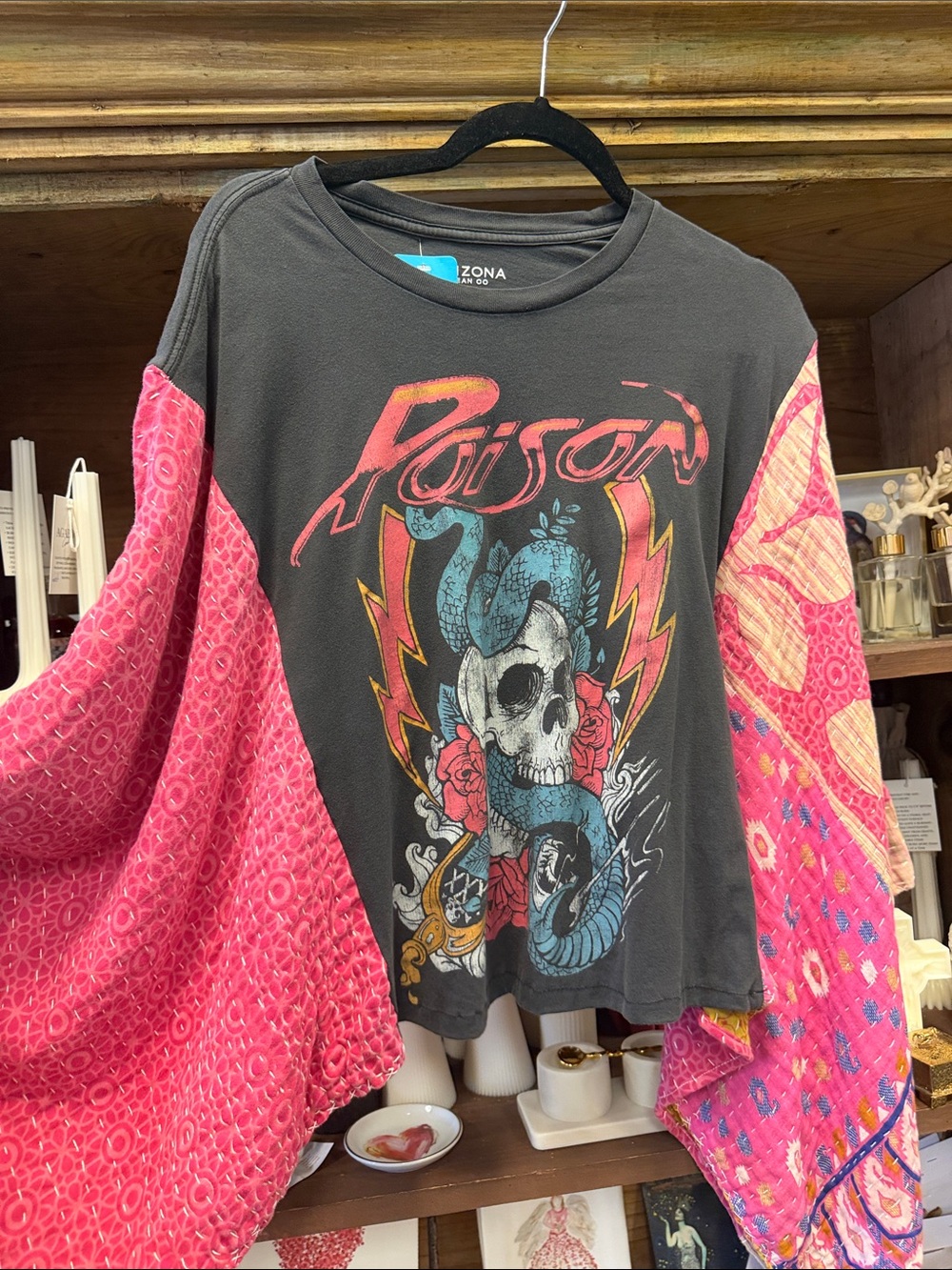 Poison Skull Graphic Tee with Pink Patchwork Sleeves